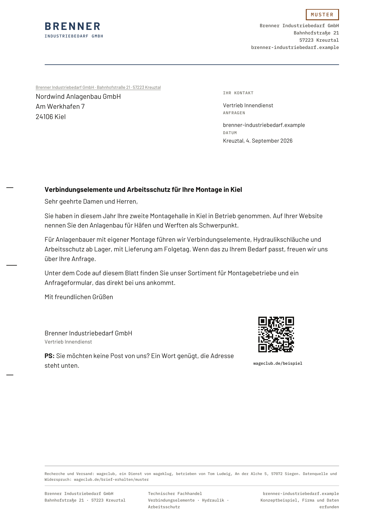 Musterbrief von Brenner Industriebedarf GmbH an Nordwind Anlagenbau GmbH: eine Seite mit dem Logo des Absenders, Anschrift im Fenster, Anrede, zwei Anlass-Sätzen, Aufforderung zur Kontaktaufnahme, QR-Code und Fußzeile.