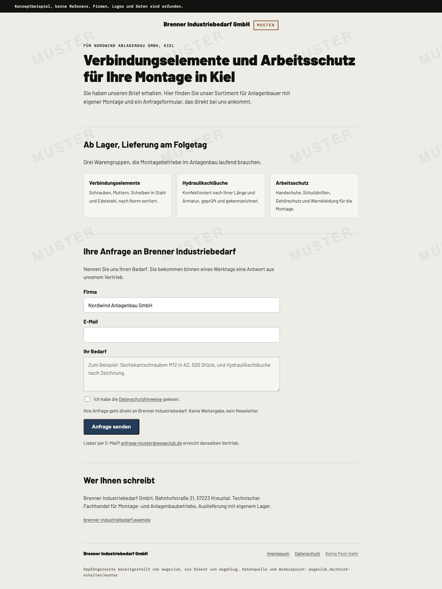 Muster-Empfängerseite für Nordwind Anlagenbau GmbH mit dem Angebot von Brenner Industriebedarf GmbH und dem Anfrageformular.